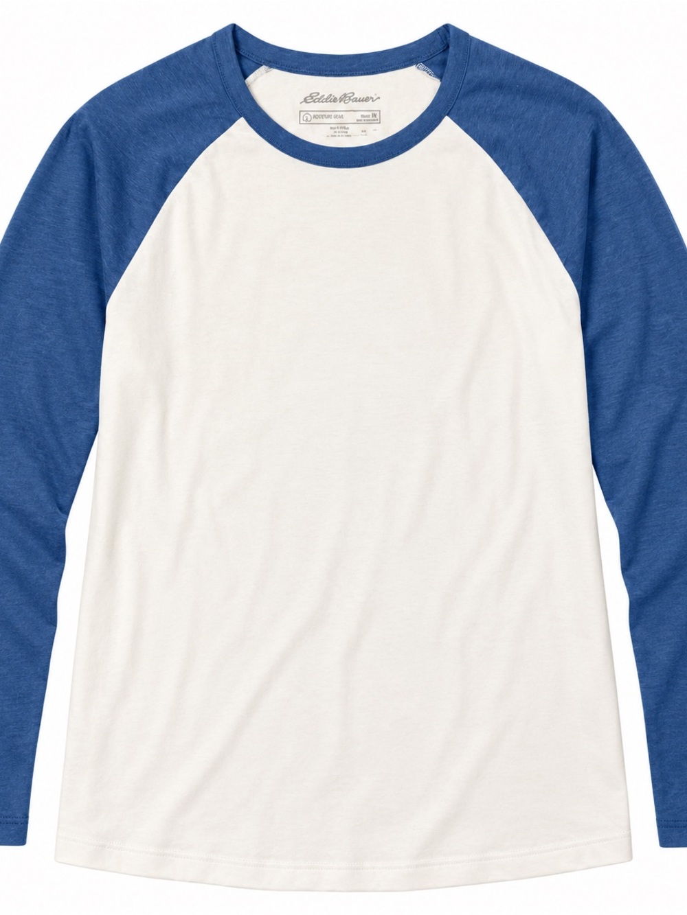 NWOT Eddie Bauer Blue Baseball Raglan Tee in Off White & Blue NEW